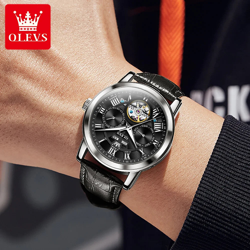 OLEVS Relógio Masculino Original Automático Esqueleto a Prova D'água Couro 6668 42mm