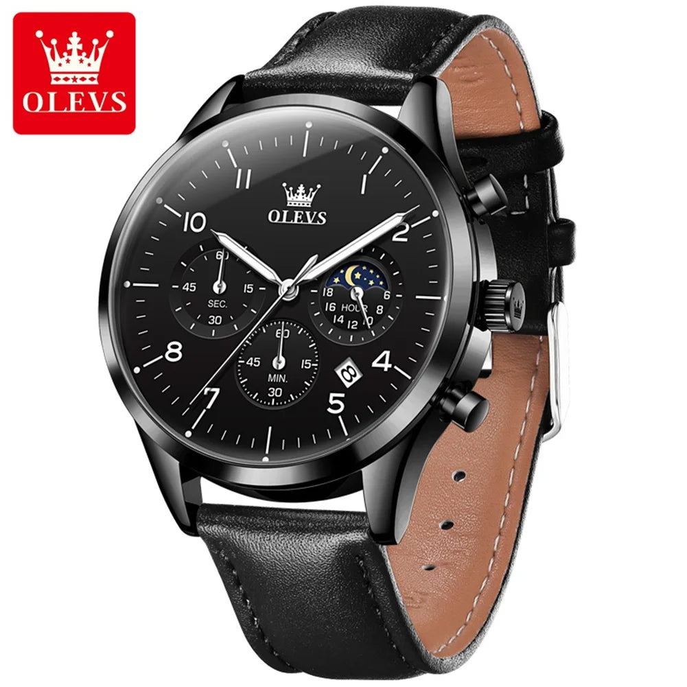 OLEVS Relógio Masculino Original Lunar Quartzo a Prova D'água Aço Inoxidável Couro 2882 42mm