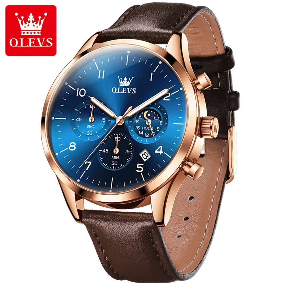 OLEVS Relógio Masculino Original Lunar Quartzo a Prova D'água Aço Inoxidável Couro 2882 42mm